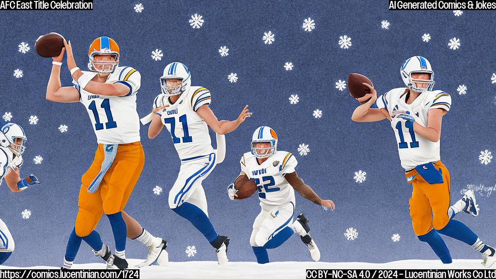 Draw a cartoon of Josh Allen, the quarterback, throwing a touchdown pass to his teammate. The teammate is wearing a big smile and has their arms wrapped around Josh Allen's waist in a warm hug. The background is a snowy landscape with football players and snowflakes. Josh Allen should have a "tight" connection symbol (a curved line connecting two people) above the quarterback position on the field to represent the joke.