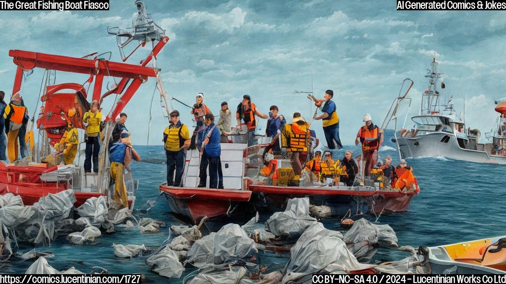 Draw a cartoon of a person standing on a ladder, with a fishing boat upside down in the background, and several people (five) floating around it, all wearing life jackets. The person holding the ladder should have a worried expression, while the other rescue workers look relieved.