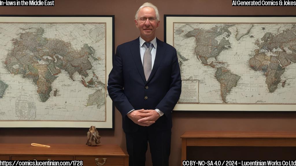 A senior adviser with multiple family connections, perhaps holding a briefcase or standing next to two different maps of countries, one in Europe and the other in the Middle East, with a subtle background image of intertwined family tree branches.