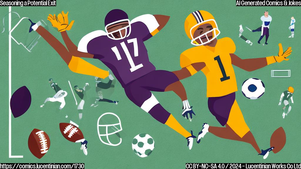 A football player with a severe knee injury, surrounded by a football field and medical equipment, in a cartoon style with simple shapes and colors.