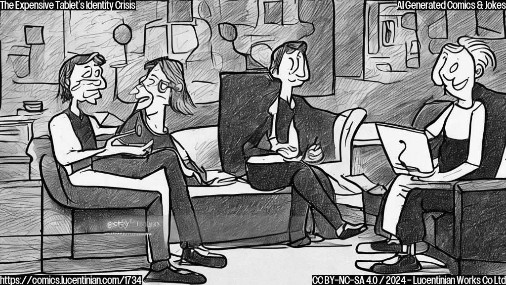 Draw a simple cartoon style picture of a person sitting on a therapist's couch, holding an iPad with a confused expression, while the therapist (a neutral-looking figure with a notepad) looks at the person with concern and nods understandingly. The background should be a soothing blue color to convey calmness.