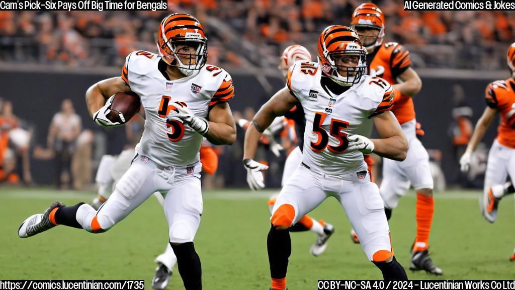 A cartoon style image of a football player, Cam Taylor-Britt, in action, with a big smile on his face and a football in his arms. He is wearing the Cincinnati Bengals uniform and has a "pick-six" notation above his head. The background should be a blurred stadium scene with cheering fans.