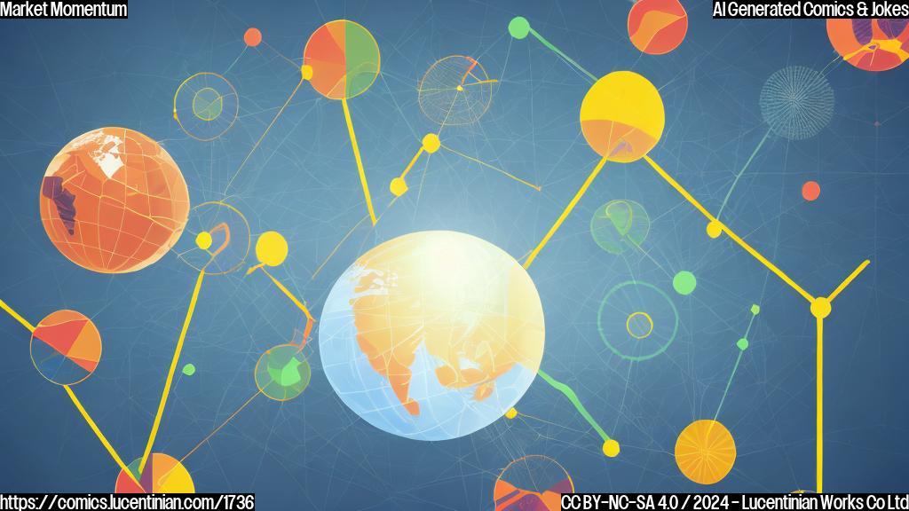 A colorful, plain-style cartoon image of a graph with a rising trendline, accompanied by a stylized globe in the background with a few arrows pointing upwards, symbolizing market momentum and economic growth.