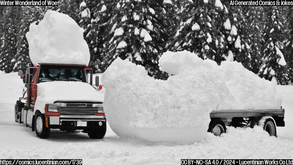 Draw a cartoon style image of a small, round snowplow with a worried expression on its front grille, surrounded by 4 feet of snow and a few snow-covered trees in the background. The snowplow should have a speech bubble coming out of its front grille with a thought bubble above it.