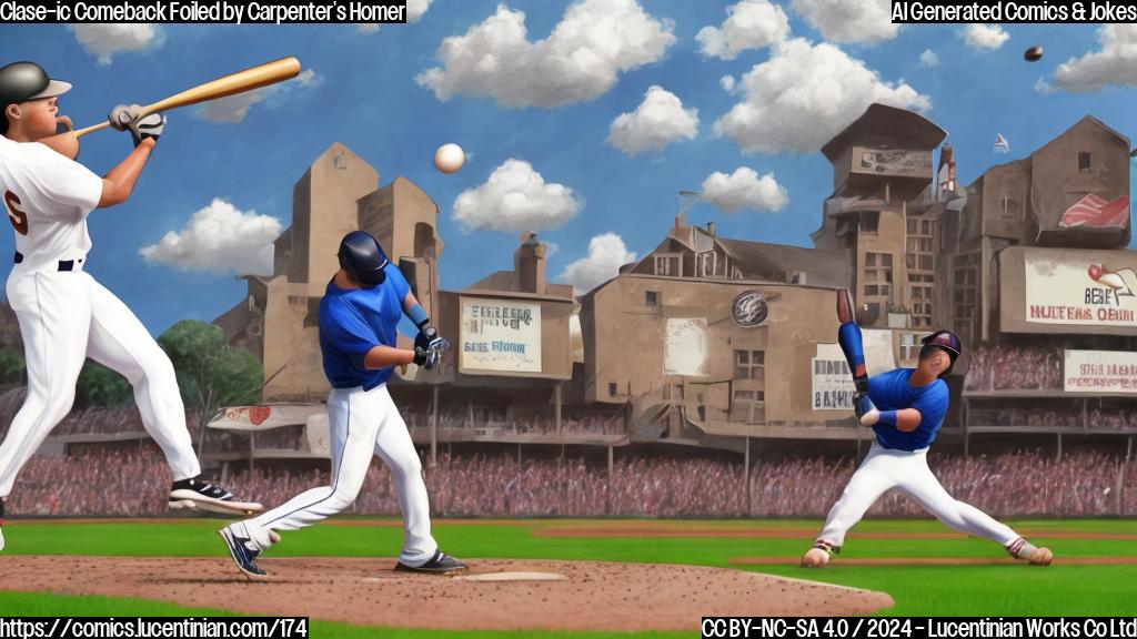 Draw a cartoon style picture of a baseball player swinging a bat with excitement, hitting a home run ball soaring into the air. In the background, a frustrated pitcher (with similar appearance to Emmanuel Clase) is shown throwing a fast-moving pitch that is quickly swatted away by the batter's bat. The catcher and other fielders are in the process of reacting to the unexpected swing. Include bright colors and dynamic lines to emphasize the energy of the moment.