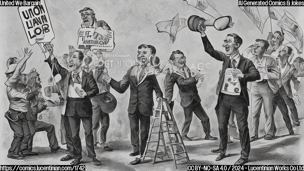 Illustrate a cartoon of a union leader standing on a ladder, with a confident expression and a megaphone in hand, surrounded by colleagues holding picket signs and smiling at each other.