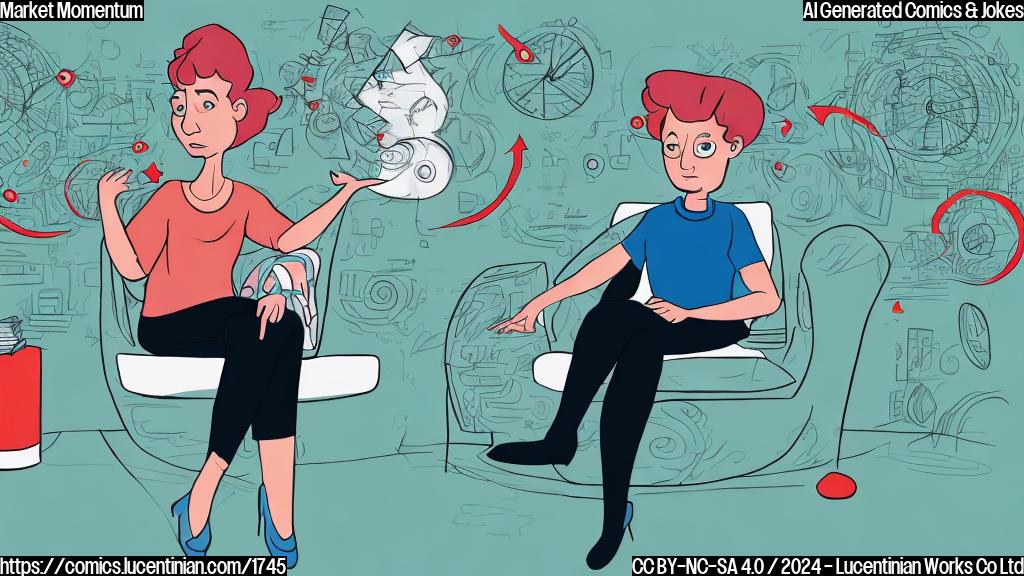 A stylized, cartoonish illustration of a person sitting on a therapist's couch, with a market graph or chart in the background. The person is holding their head in their hands, with worried expressions on their face. In the foreground, there are charts with red lines and arrows indicating upward and downward trends. The color palette should be calming with shades of blue and green to represent emotional balance.