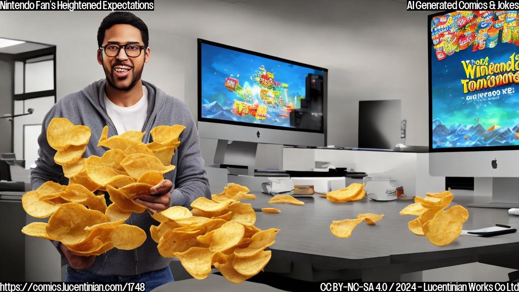 A person in casual, modern clothing stands on top of a stack of potato chips. They hold a Nintendo controller and have a mix of excitement and skepticism on their face. The background is a blurred image of a newsroom or office space with computer screens displaying different versions of the Nintendo Switch.