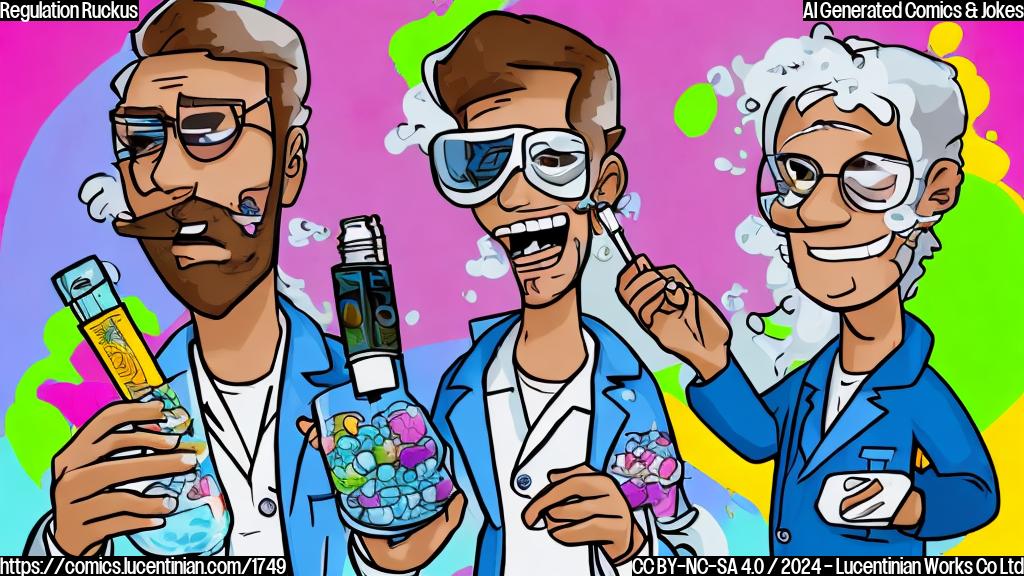 A cartoon of a stern-looking person in a lab coat with a concerned expression, holding a vape pen with a few flavored e-liquids next to them, and a younger version of themselves looking curious and excited in the background, surrounded by colorful vapes with fun flavors like "Bubblegum Blast" and "Fruity Frenzy".