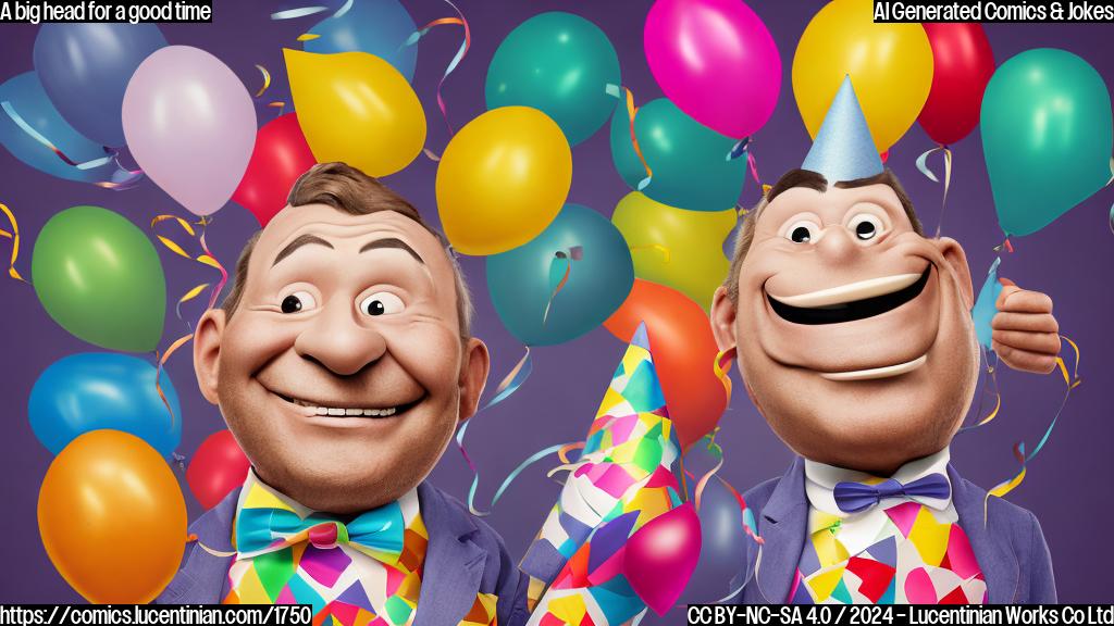 Draw a cartoon of a large-headed, archaic human with a big smile on his face holding a party hat and surrounded by modern party decorations. The human should be depicted wearing a bow tie and a top hat, giving off an old-fashioned vibe. The background should be a bright, colorful party scene with balloons and streamers. Include some subtle ancient human artifacts in the corner of the image to tie it back to the Homo juluensis discovery.