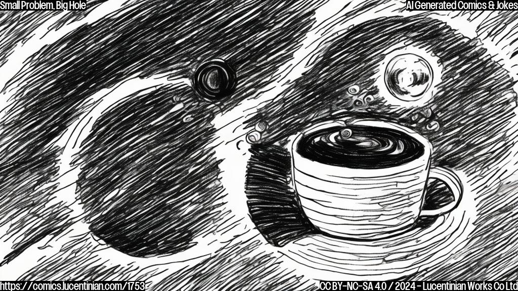 Draw a simple cartoon of a coffee cup with a tiny black hole swirling around it, as if the coffee is being pulled in.