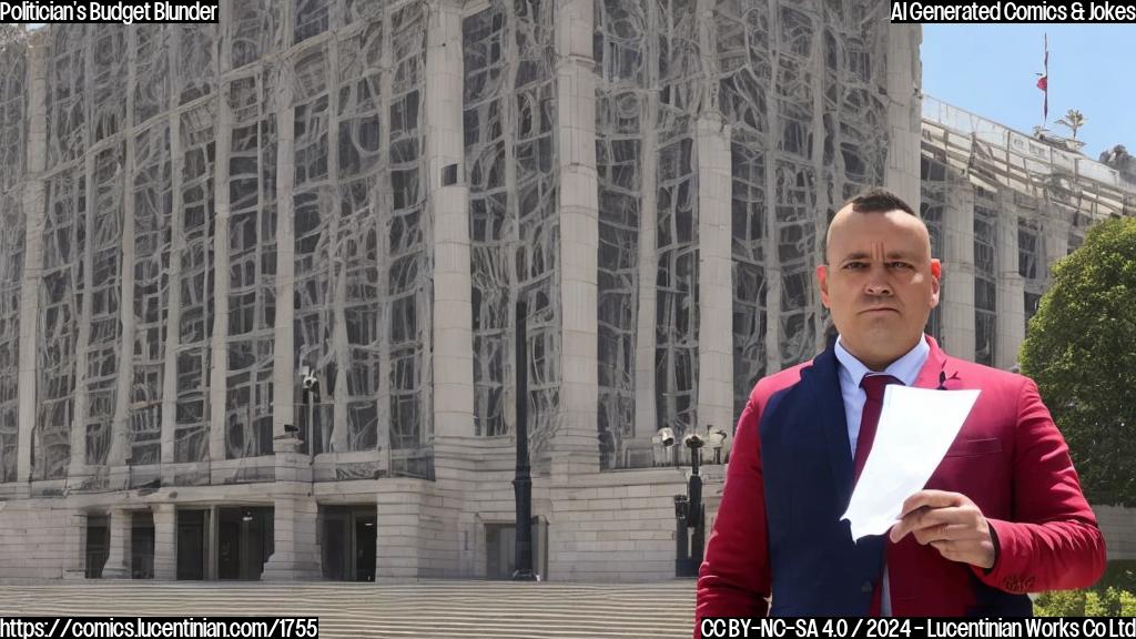 Image of a stern-looking politician with a defeated expression, holding a burning budget document and standing in front of a parliament building.