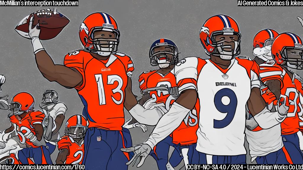 Draw a cartoon of a person (Ja'Quan McMillian) with a laptop, wearing a football jersey and holding an interception flag. The background should be a football field with other players from the Broncos and Browns teams in the foreground, all looking excited and celebrating.