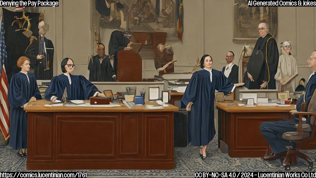 A businessperson with a shocked expression and a briefcase in hand, standing in front of a judge's bench with a Delaware state flag on the wall behind them. The judge, a middle-aged woman with glasses and a stern expression, is seated at her desk. The room has a formal atmosphere with a hint of disappointment.