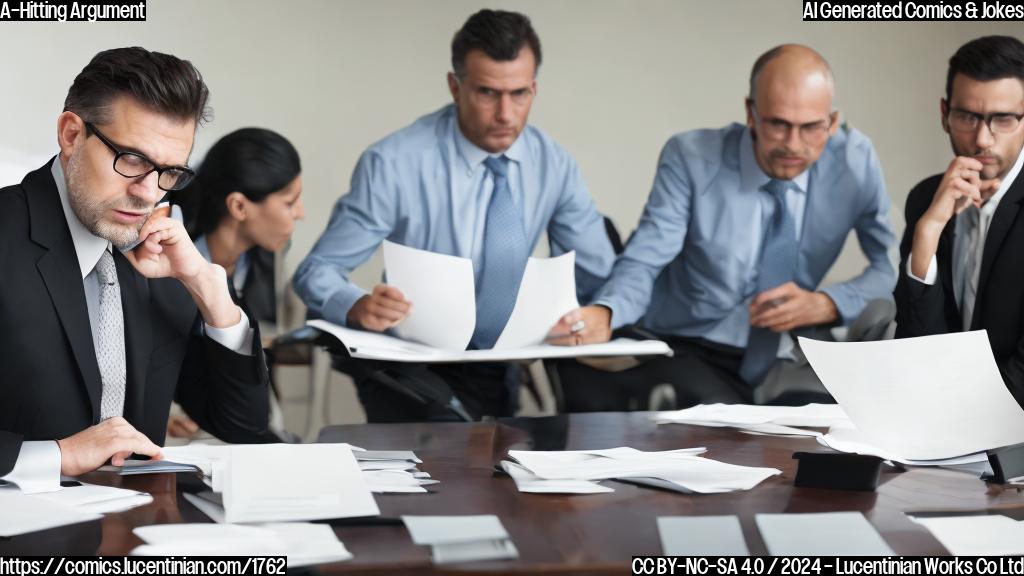 A corporate executive sitting at a conference table, with a determined look on their face. They are surrounded by stack of papers and laptops with a calculator nearby. The image should convey a sense of urgency and conflict resolution.