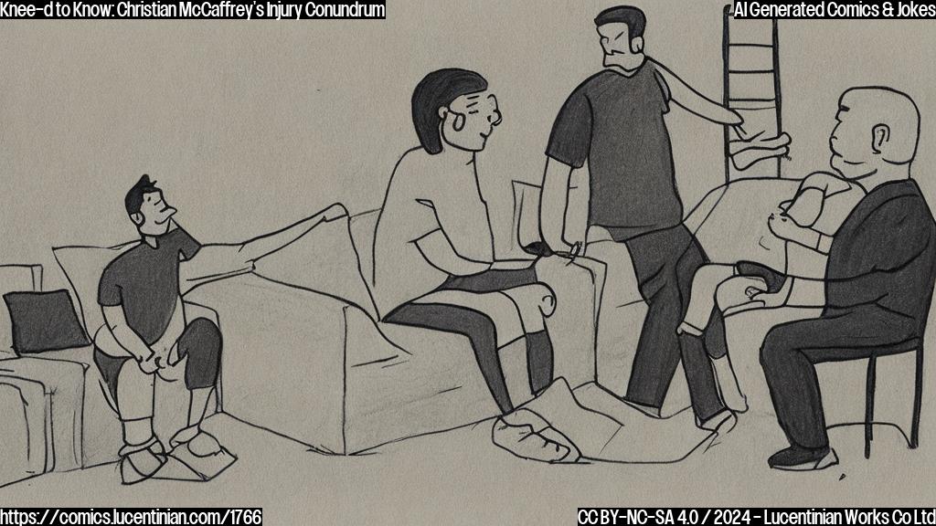 Draw an illustration of a person (a football player) sitting on a therapist's couch, holding a ladder in one hand and having a bandaged knee in the other. The therapist is looking confused and unsure about what to do.