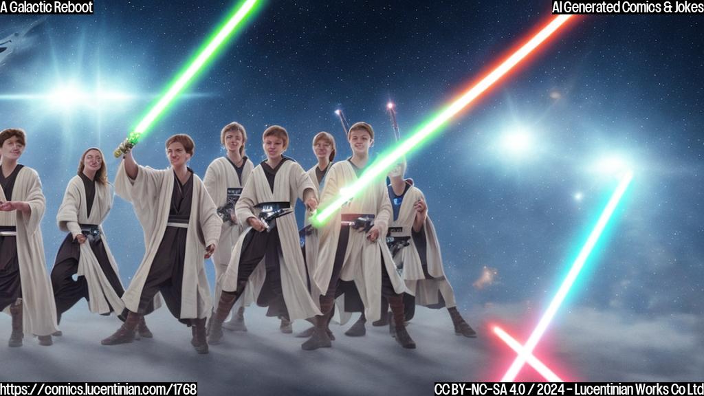 a cartoonish group of young, enthusiastic and fearless space-faring youth wearing Jedi robes and holding lightsabers, standing in front of a starry galaxy background with a hint of a spaceship or two in the distance