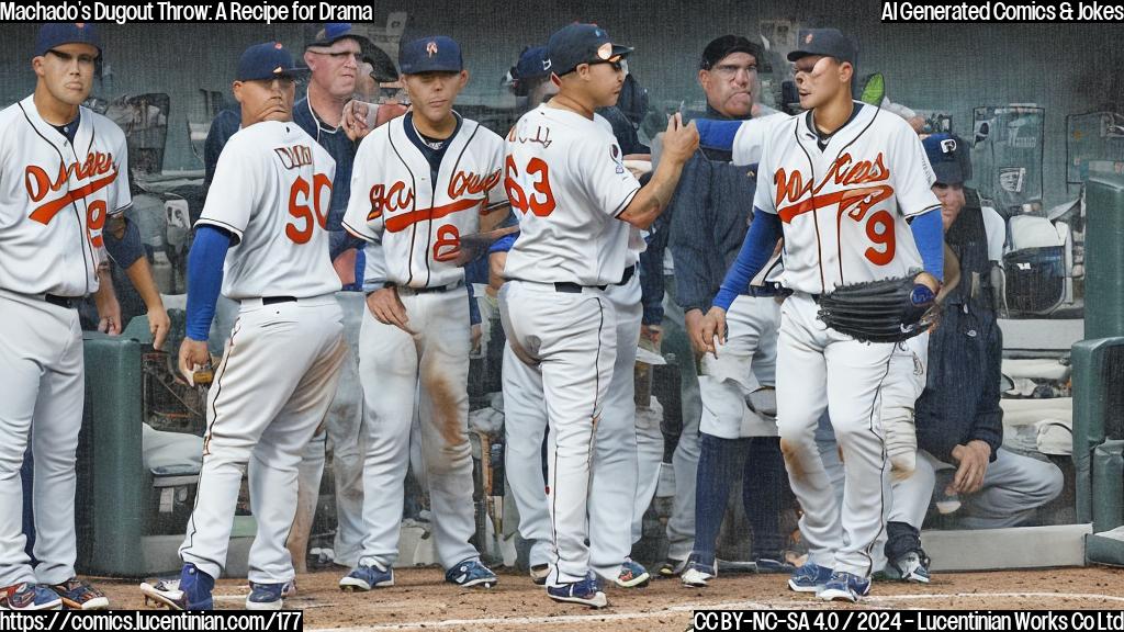 Draw a cartoon of a baseball player (Manny Machado) with a scowl on his face, throwing a ball into a dugout with a manager (Dave Roberts) standing inside. The manager has a surprised and slightly annoyed expression, while the dugout is empty except for a few pieces of equipment. The background should be a sunny stadium with excited fans in the stands. Use simple shapes and bold lines to create a playful, cartoonish style.