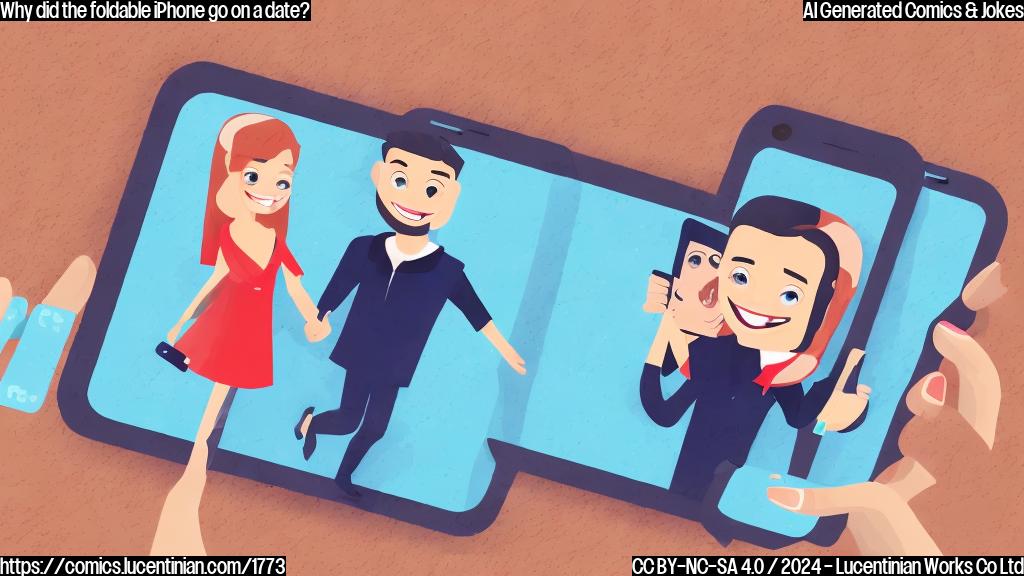 A cartoon of a foldable smartphone with a smile, wearing a casual outfit and holding hands with another smartphone. The other smartphone is smiling back at it, with a subtle background that resembles a romantic dinner setup.