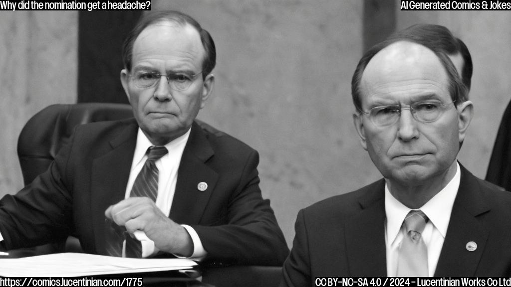 A stern-looking senator in a suit with a hint of skepticism on their face, looking at a man who appears nervous and fidgety, both holding papers with the words "Nomination" and "Confirmation Hearing" respectively. The background is a dimly lit Senate chamber with several Republicans sitting across from the nominee and a few senators whispering among themselves.