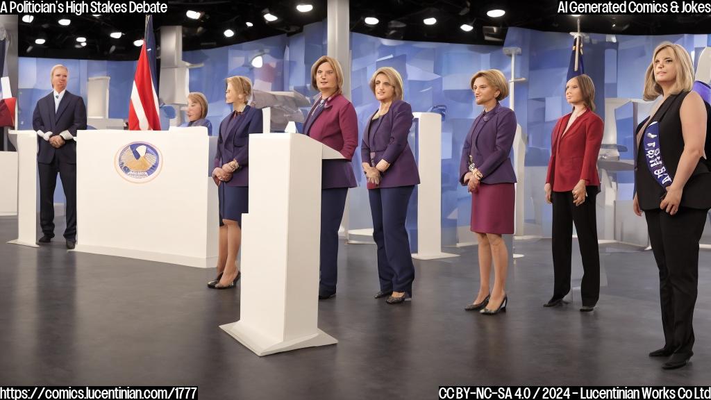 a stern-looking female politician standing on a raised platform, with a confident expression and arms crossed, surrounded by a moderator and several other politicians in a television studio setting