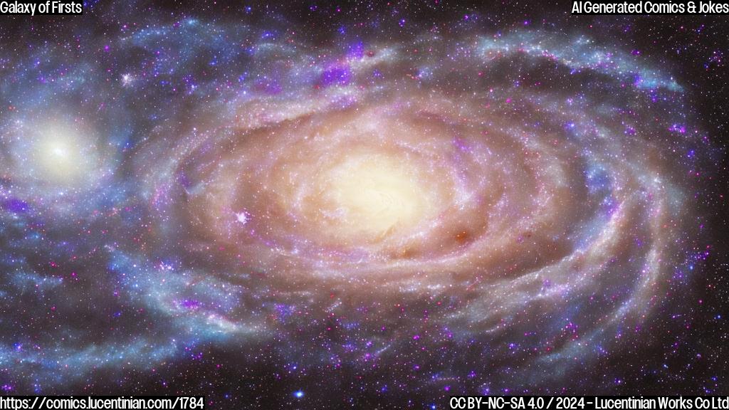 A large, swirling vortex of blue and purple colors with a few bright, white stars in the center, surrounded by faint hints of darker matter. The galaxy is depicted as being at a great distance from the viewer, with the telescope's shadow visible on its surface.