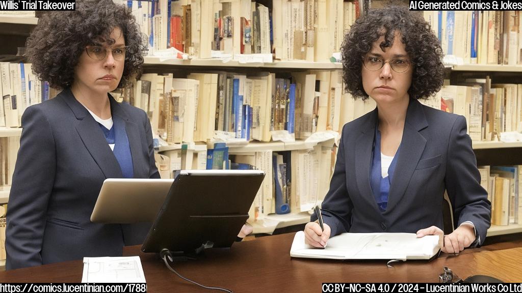 a middle-aged woman with curly brown hair and a serious expression stands in front of a judge, wearing a suit and holding a tablet with a verdict on the screen behind her. She has a determined look on her face and is surrounded by empty justice books and papers.