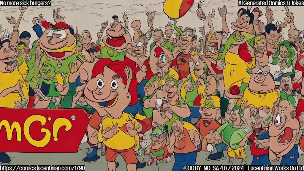 A cartoon of a group of people sitting in a line, each with a slightly greenish tint to their skin and holding stomachs, with one person giving a thumbs up to the audience while another looks miserable in the background, in front of a McDonald's logo with a red "out" symbol crossed over it.