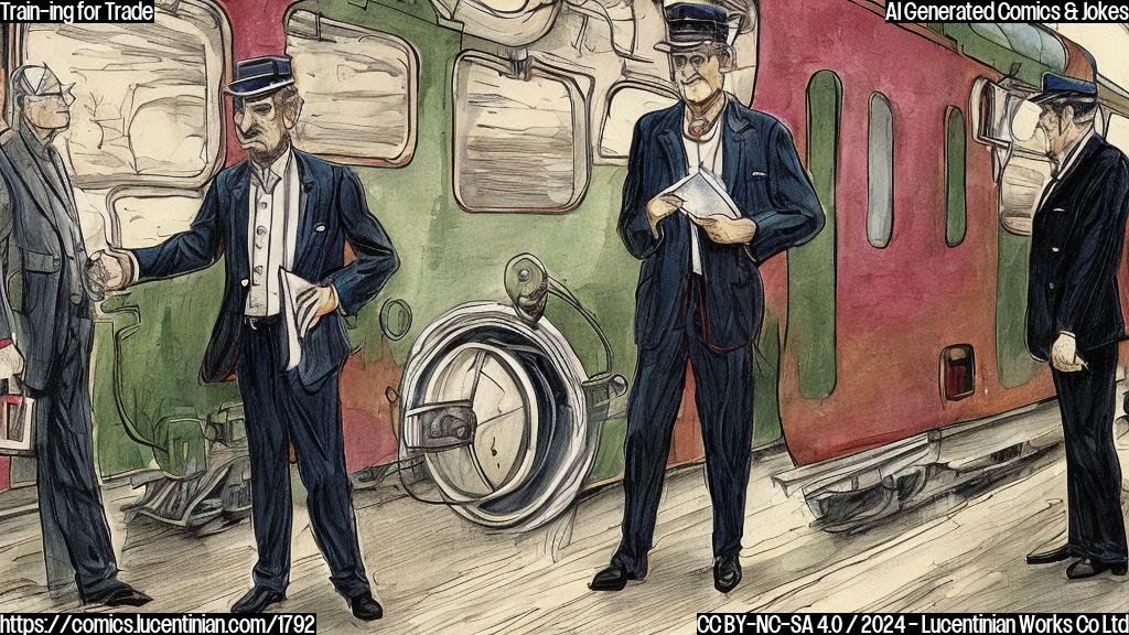 A colorful illustration of a train conductor with a stern expression, standing in front of a US diplomat who is holding a briefcase and wearing a suit. The train conductor is pointing to the diplomat's suit and shaking his head in disapproval.