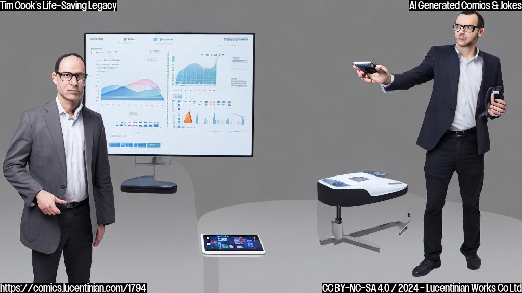 A large, stern-looking person with a receding hairline and glasses is standing in front of a sleek, modern computer screen displaying various health metrics. Their arms are crossed, with one hand holding a remote control that appears to be controlling the app on the screen. The background is a minimalist white or light gray color scheme with a subtle gradient effect to represent the Apple logo.