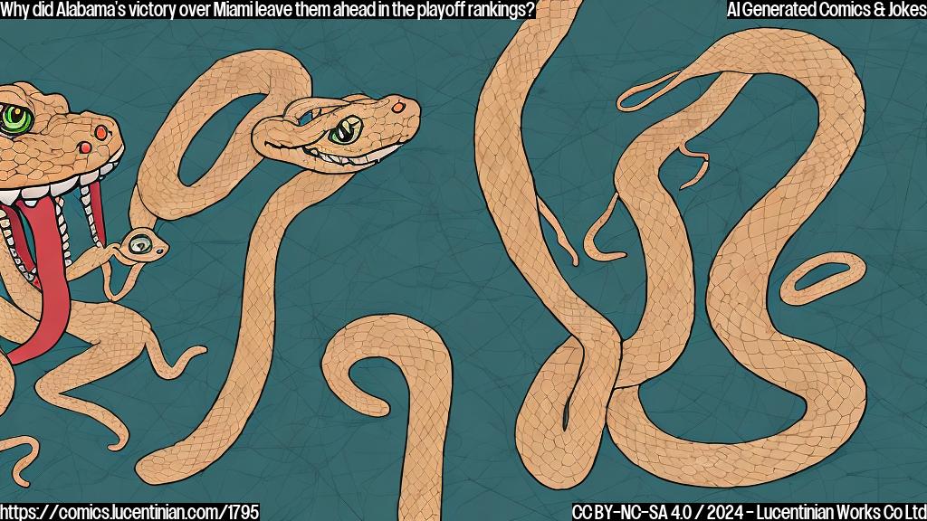 Illustrate a cartoon of a snake with multiple legs (representing different losses) struggling to keep up with a straight line representing the SEC's dominance, while a confused-looking Miami logo stands in the background.