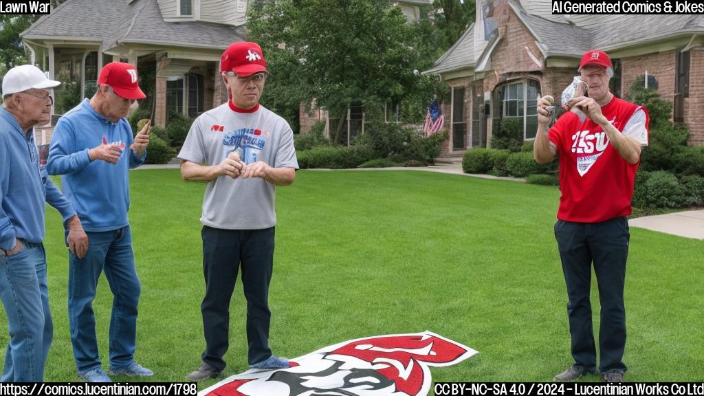 A cartoon of two stern-looking men, one wearing a ISU hat and the other wearing an SMU hat, standing in front of identical lawns with "Stay Off My Lawn" signs. The ISU man is holding a tweet on his phone with a CFP ranking announcement, while the SMU man is gesturing angrily towards the Iowa State lawn.