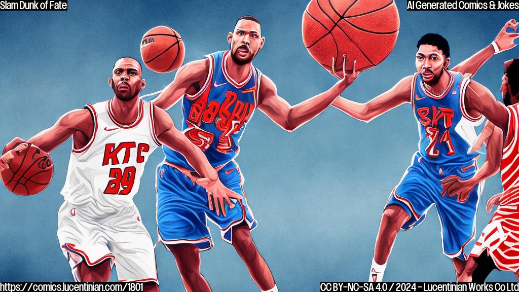 Draw an illustration of 2 teams from the NBA, with one team wearing basketball jerseys with a bright red color and the other team's jerseys are sky blue, standing facing each other in a basketball court. The background should be a blurred-out cityscape at sunset to represent the high stakes of the playoffs.