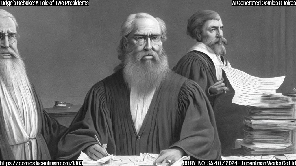 A stern-looking man with a long white beard and a judge's robe, sitting at a desk with a stack of papers in front of him. He has a disappointed expression on his face, with his hands clasped together in frustration.