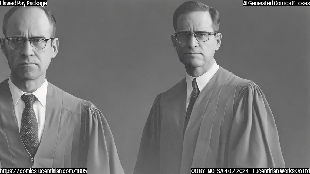 A large, stern-looking judge with glasses and a serious expression sits behind a desk. In front of them stands a confident-looking man with a determined look on his face, dressed in a suit and holding a briefcase. The background is a neutral gray color.