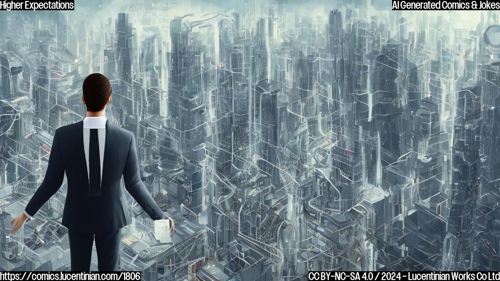 A large, humanoid figure in a suit with a serious expression and a cityscape background, with multiple lines and curves indicating data points and algorithms. The figure is standing on a ladder, holding a tablet with data analysis software open on the screen.