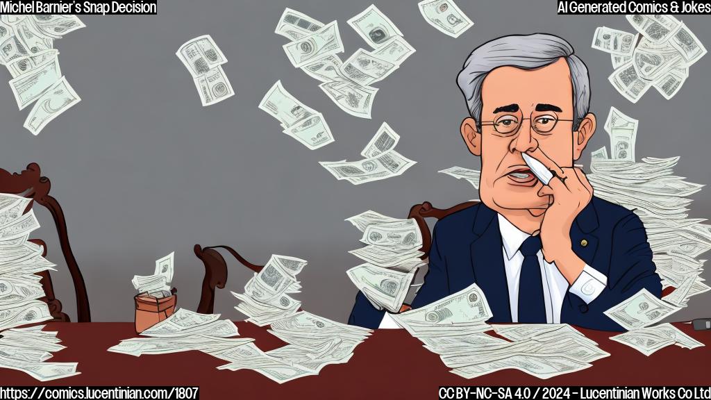 Draw a cartoon of a prime minister sitting at a desk, surrounded by stacks of bills and financial documents, with a phone ringing in the background. The prime minister is holding a pen and looking stressed, while a surprised expression on their face indicates they just received an unexpected call about their budget. Include some French-inspired design elements, such as a faint Eiffel Tower or a baguette in the corner of the image.