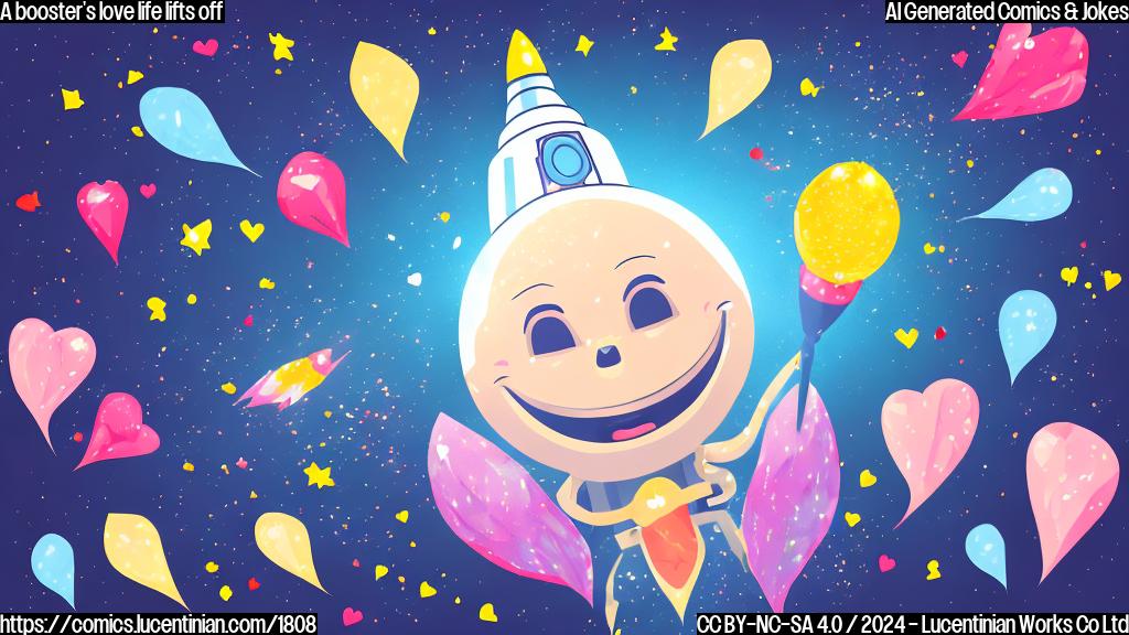 Draw a cartoon of a smiling, anthropomorphic rocket booster with a heart-shaped boost pad behind it, surrounded by sparks and confetti, holding a bouquet of flowers.