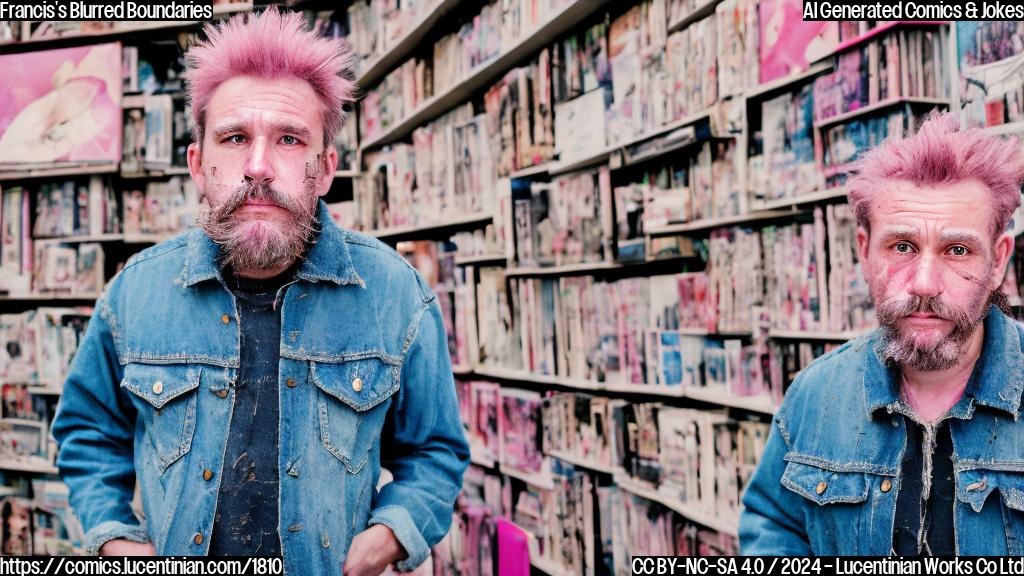 a middle-aged man with a messy beard and a worn-out denim jacket stands in front of a faded pink background, surrounded by empty DVD cases and a few scattered adult magazines, with a look of regret on his face.