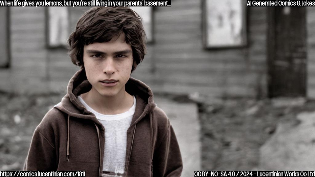 A young actor with messy brown hair, wearing a worn-out hoodie and holding a backpack, standing in front of an empty building with boarded-up windows, with a sad expression on his face.