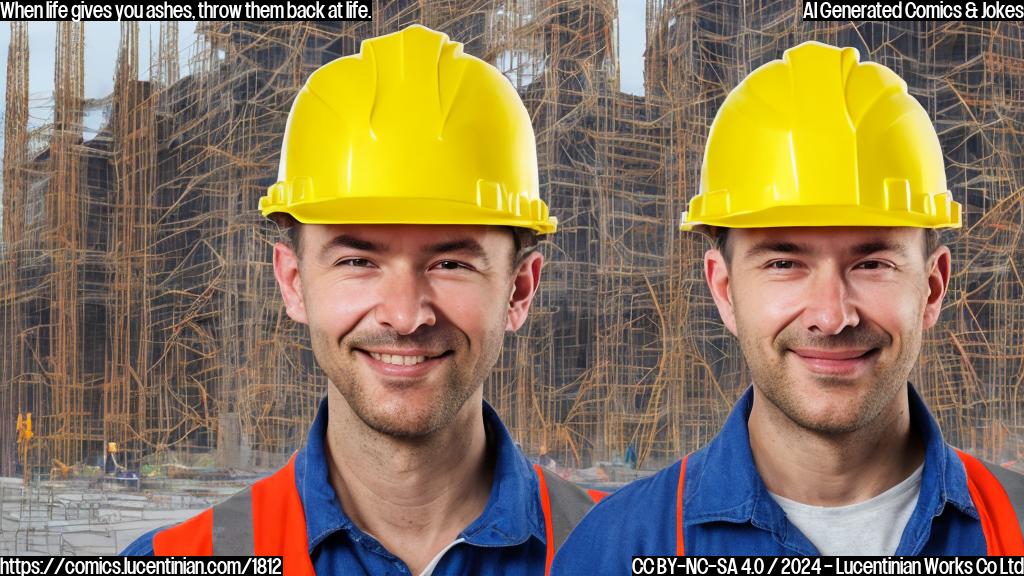 A close-up illustration of a person in a hard hat with a puzzled expression, surrounded by construction equipment and half-built arches, with a faint outline of the cathedral's facade in the background. The person is holding a toolbox and wearing a "Last Chance" warning label on their hard hat.