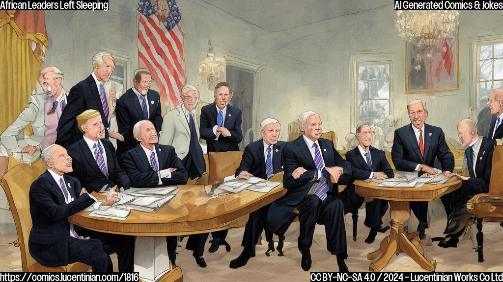 Illustrate a cartoon-style picture of a group of leaders seated around a table, with one leader (President Biden) closing his eyes and resting them on his hand, while other leaders look confused or amused in the background.