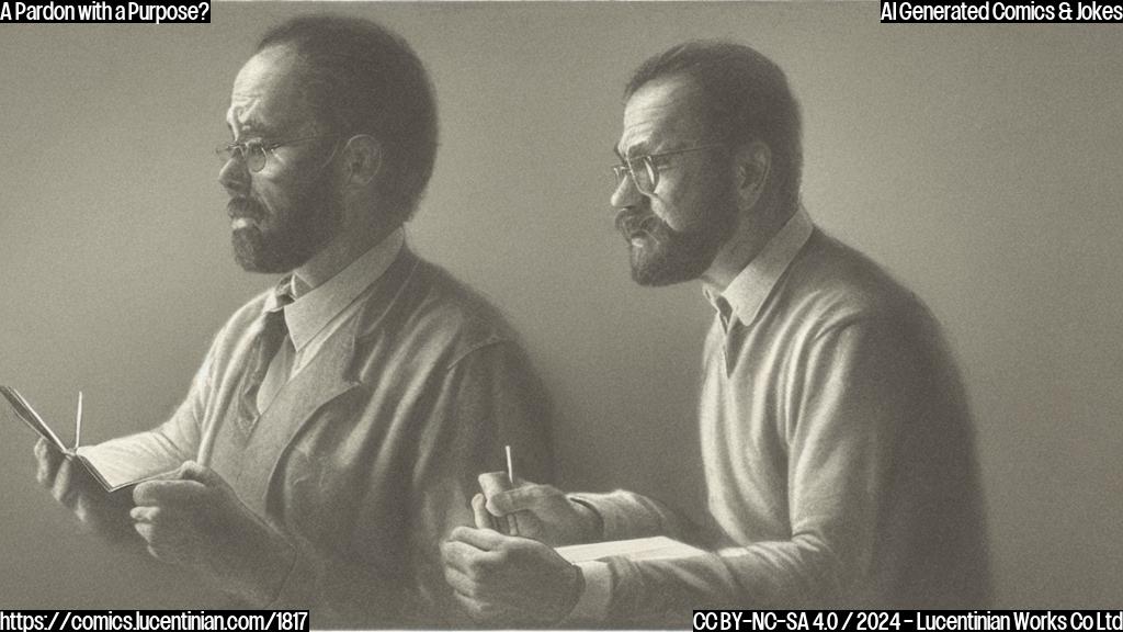 A man sits in a dimly lit room with only a small desk lamp illuminating him. He looks tired but determined, holding a small notebook in his hand with the title "Politics 101" scribbled on the cover. The background is a muted gray color with subtle hints of brown and beige, giving it a sense of worn leather and aged paper.