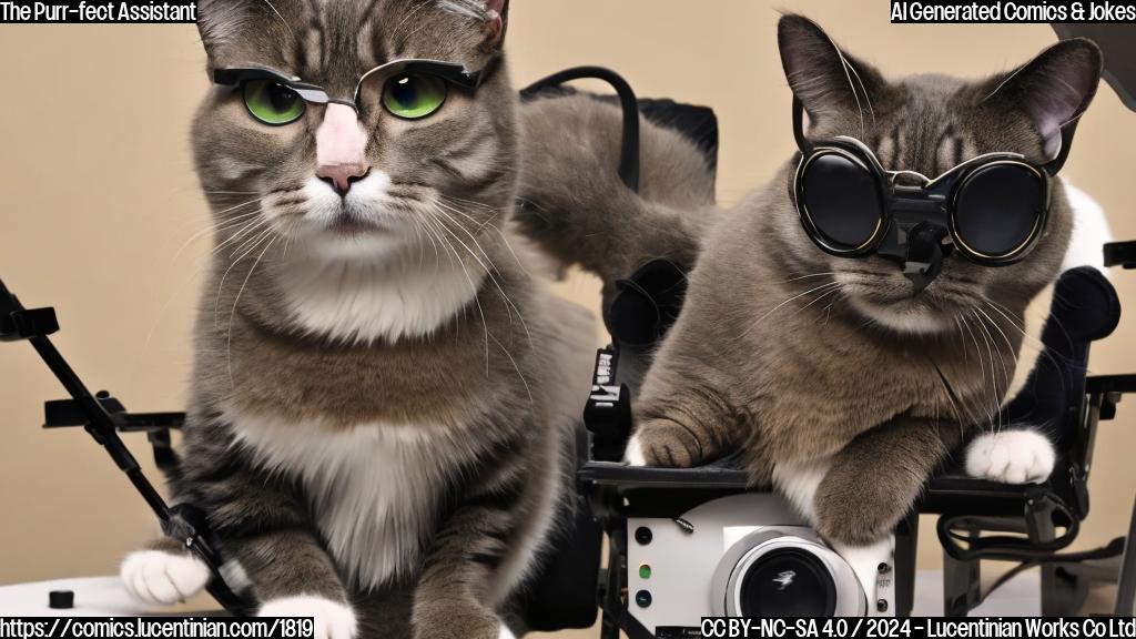 A cat with glasses and a miniature director's chair, sitting on a film set, surrounded by cameras, lights, and actors. The cat is wearing a tiny headphones and has a confident expression on its face.