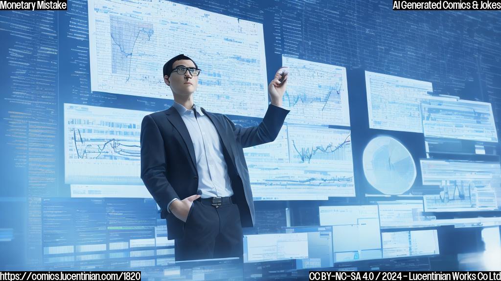 a human-like figure with a stern expression and wearing glasses is shown holding a briefcase, standing in front of a large computer screen displaying charts and graphs about cryptocurrency prices. The background is a subtle gradient of blues and whites, symbolizing professionalism and trustworthiness.