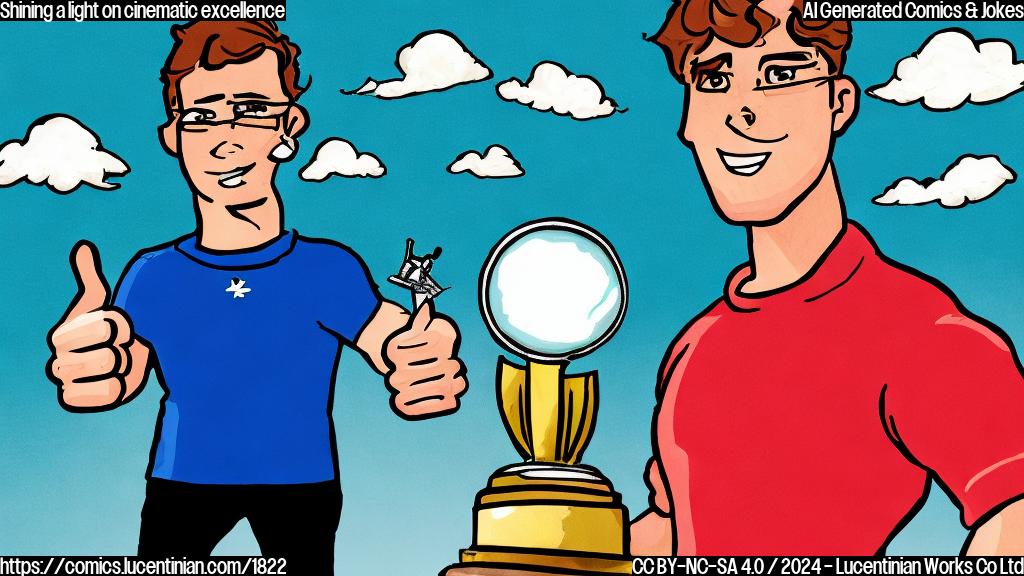 Draw a plain color cartoon style picture of a person wearing a pair of movie cameras on their shoulders, holding a trophy in one hand and giving a thumbs up with the other. The background is a bright, gradient blue sky with fluffy white clouds.