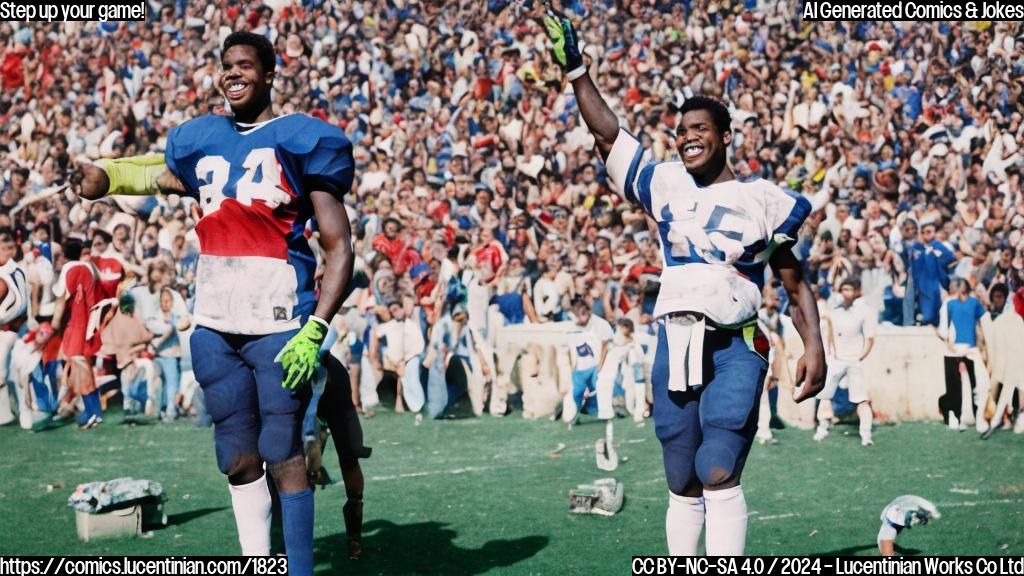 A football player with a large personality and a big smile, wearing a team jersey with a number 5 on it, standing on top of a small ladder, looking confident and determined, in a bright, colorful stadium with excited fans in the background. The footballer's arms are raised in triumph as he gazes out at the crowd.