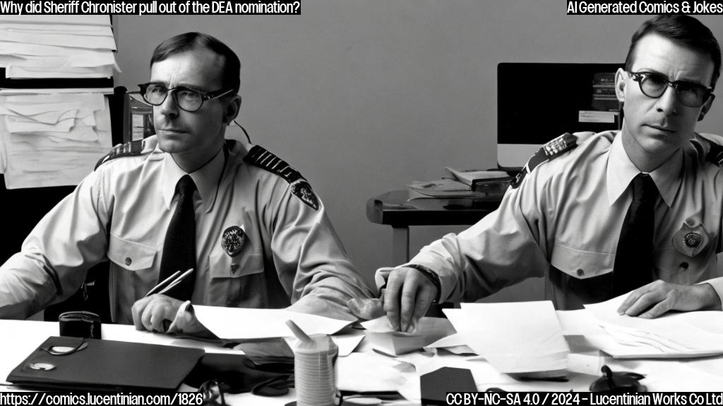 a stern-looking man with a badge and sunglasses sitting at a desk, surrounded by papers and a computer screen displaying a DEA logo