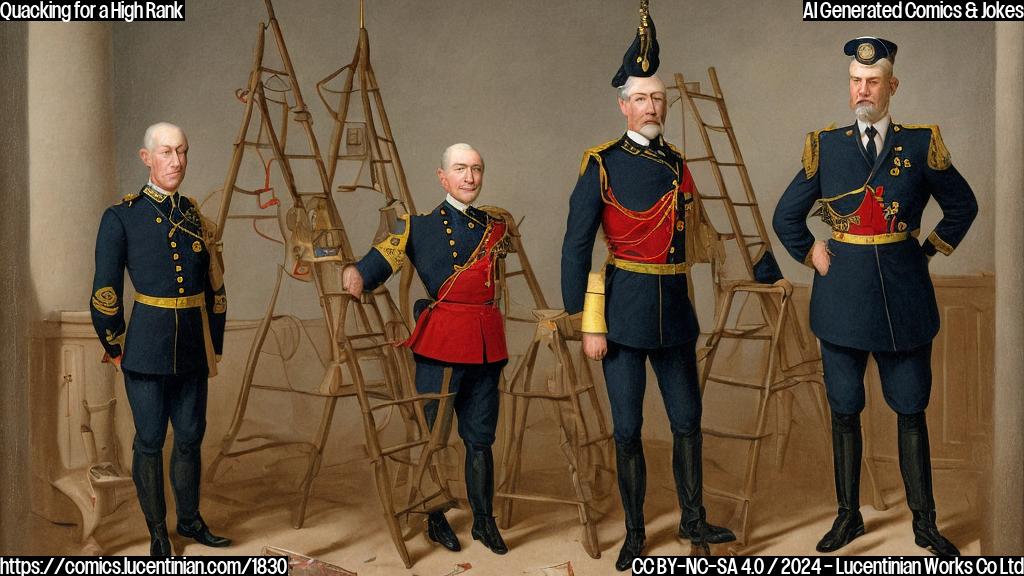 Draw a plain color cartoon style picture of a tall, stern-looking man (representing a high-ranking military officer) with a surprised expression, standing in front of a ladder leading up to a flag, while another man (representing the former President's aide) looks on with determination and a toolbox at his feet. The background should be a simple gray or beige color.