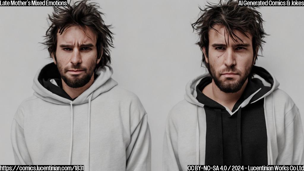 a man with a messy hair and a scowl on his face, standing in front of a plain white background, wearing a black hoodie and jeans